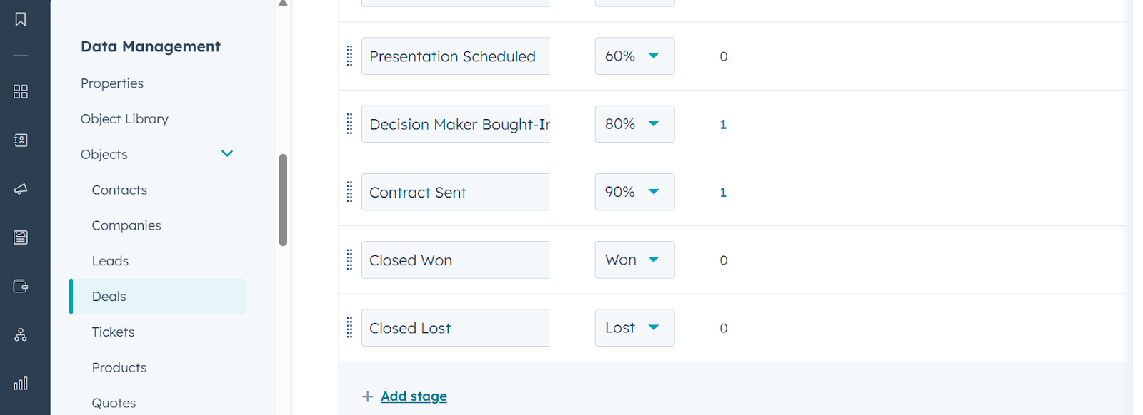 HubSpot deal stages configuration and settings