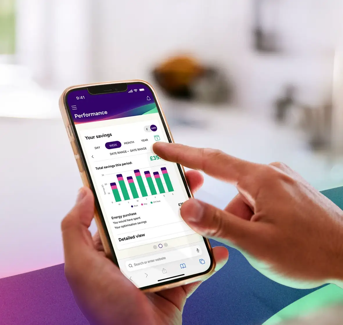Person holding a smartphone displaying a savings performance app with a weekly bar chart and total savings of £35.