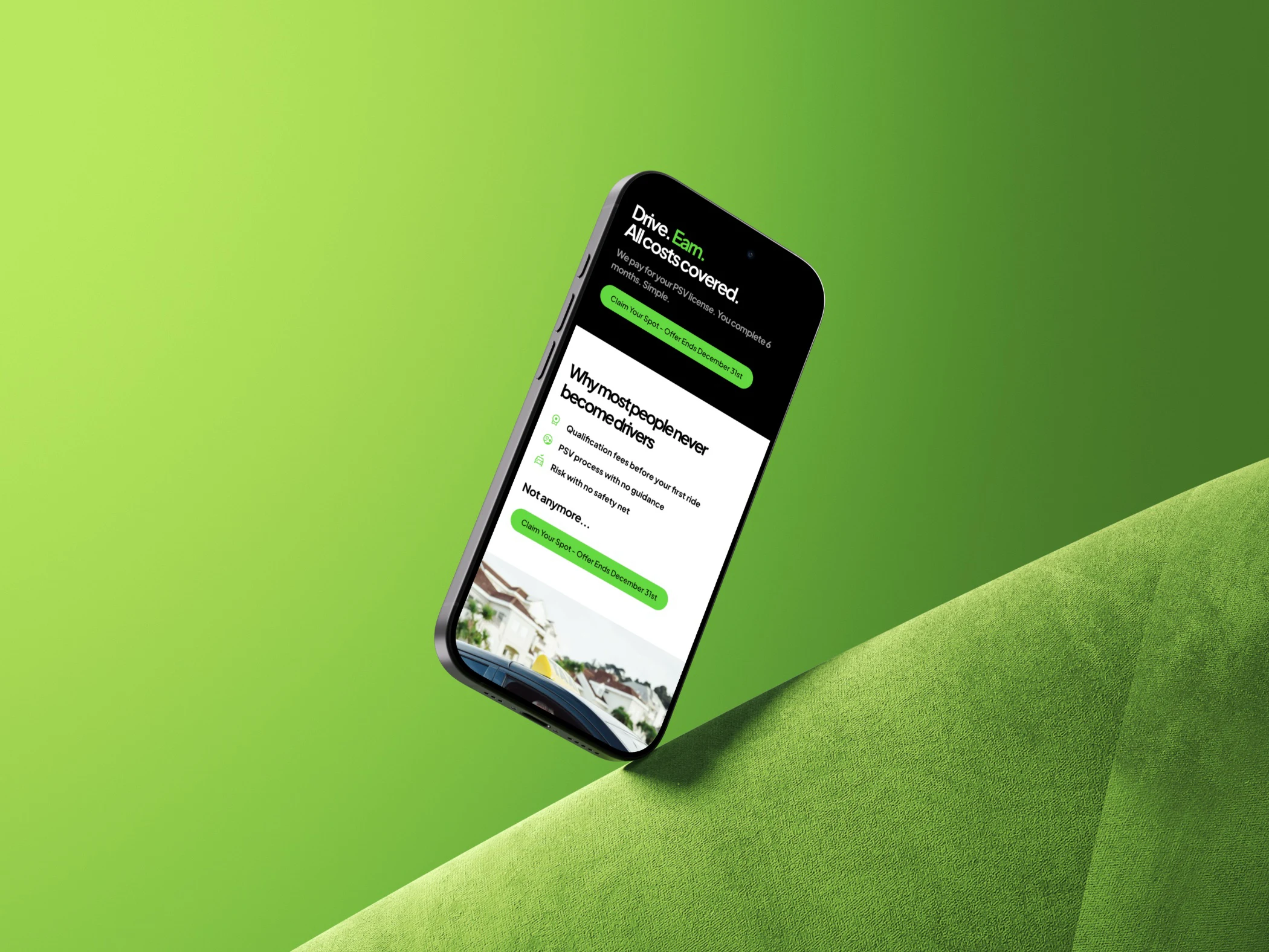 Smartphone displaying a ride-sharing app page on a vibrant green background with text about earning by driving and overcoming common barriers for new drivers.