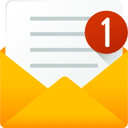 Icono de un sobre amarillo abierto con una hoja blanca y un círculo rojo con el número 1 indicando un mensaje nuevo.