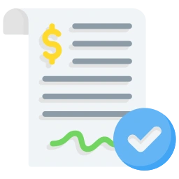 Documento con símbolo de dólar, texto simulado y un sello azul con marca de verificación.