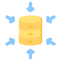 Icono de una base de datos amarilla con flechas azules apuntando hacia afuera en seis direcciones.