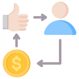 Iconos de un pulgar hacia arriba, una persona y una moneda con símbolo de dólar conectados con flechas.