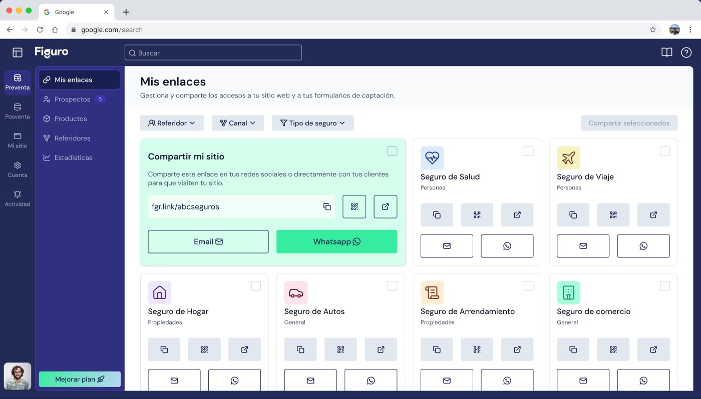 Pantalla Mis Enlaces del software de seguros de Figuro, con el enlace del equipo y un enlace propio por producto