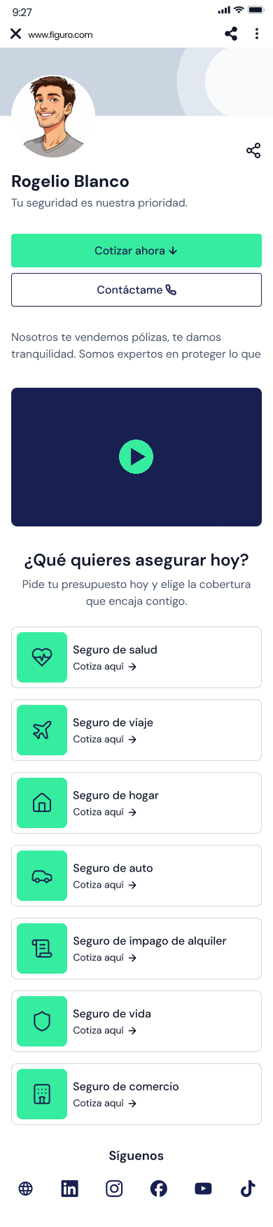 Página pública de un asesor de seguros en Figuro vista desde el celular, con los ramos disponibles para cotizar