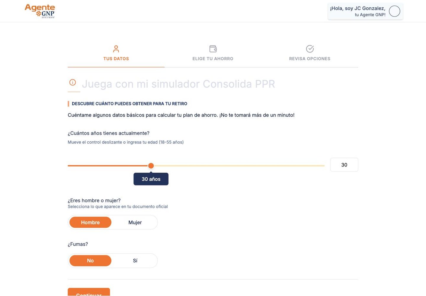 Simulador de ahorro para el retiro con tres pasos y preguntas básicas del cliente