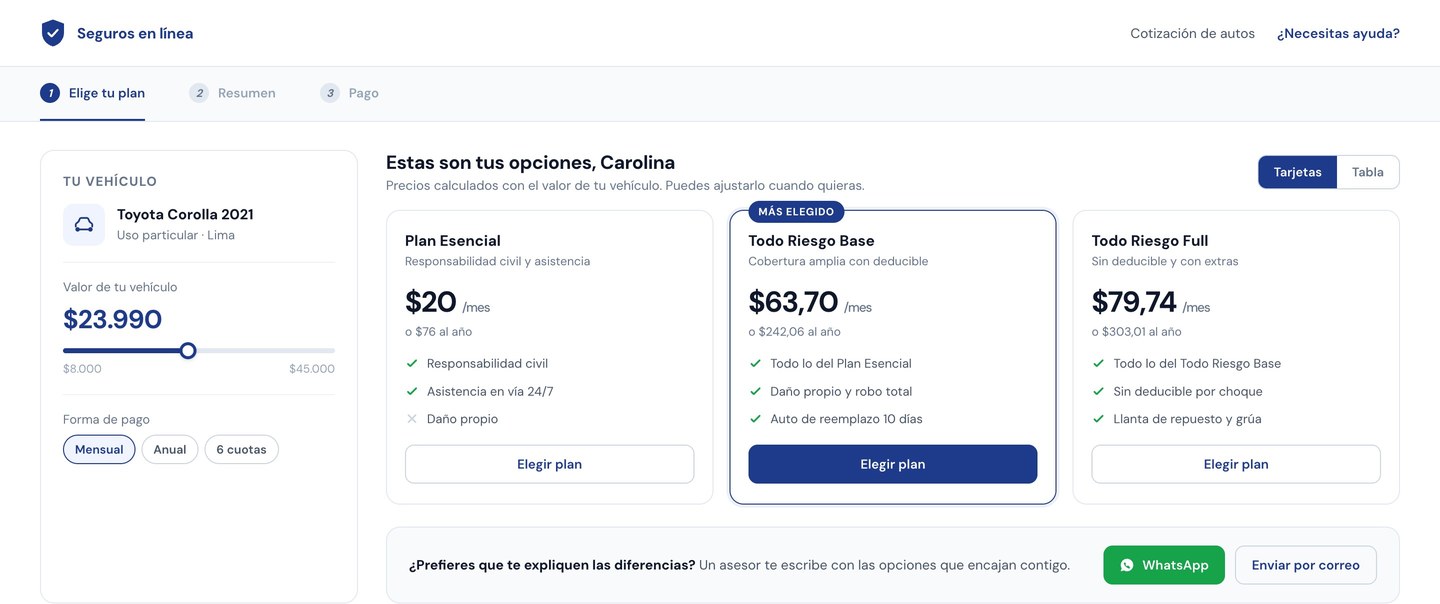 Cotizador de seguro de autos con tres planes comparados y el valor del vehículo ajustable