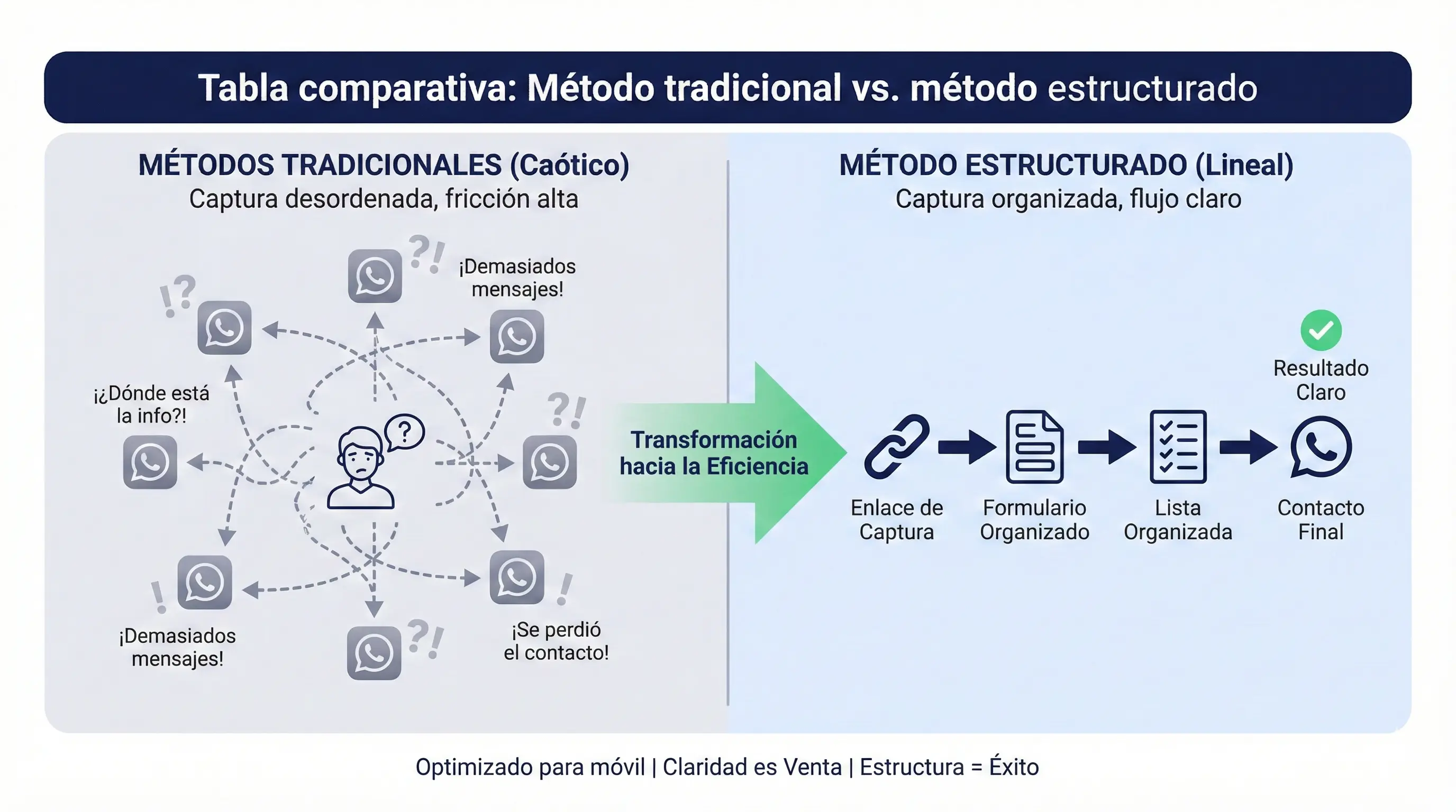 Comparación visual entre método tradicional de captura por WhatsApp (desordenado) versus método estructurado con enlace y formulario (organizado y lineal)