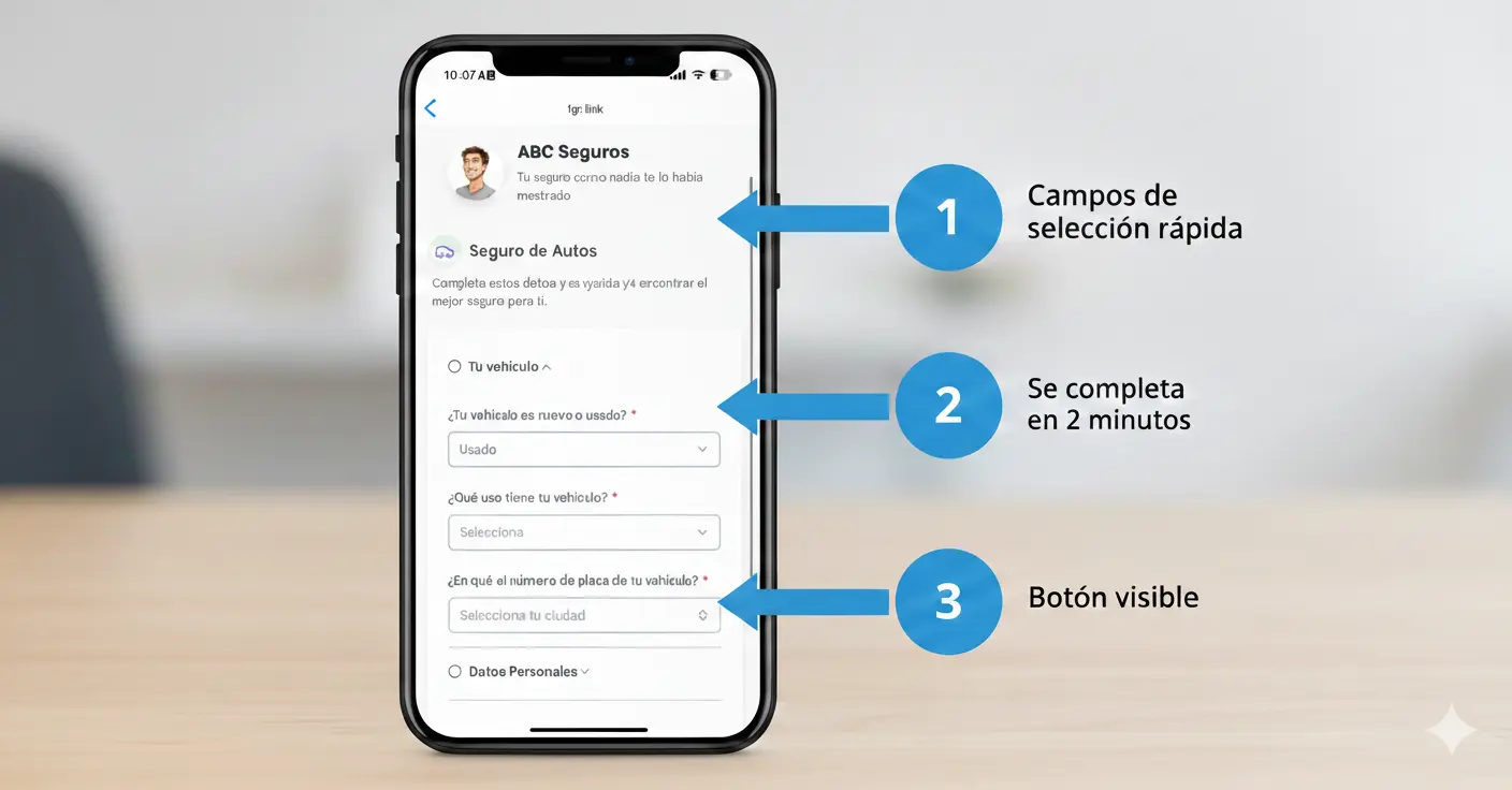 Captura de pantalla de formulario optimizado de seguro de auto en dispositivo móvil, mostrando campos de selección rápida
