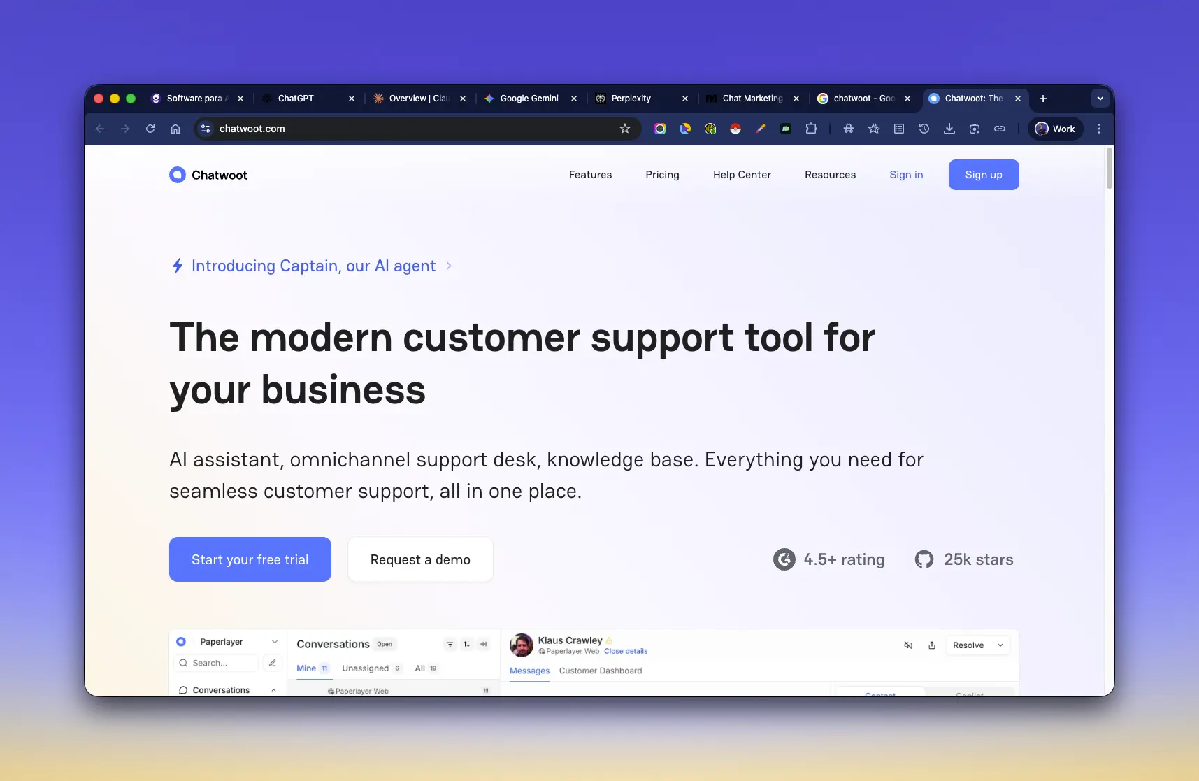 pantallazo de chatwoot como parte de nuestro top de aplicaciones ia para agentes de seguros