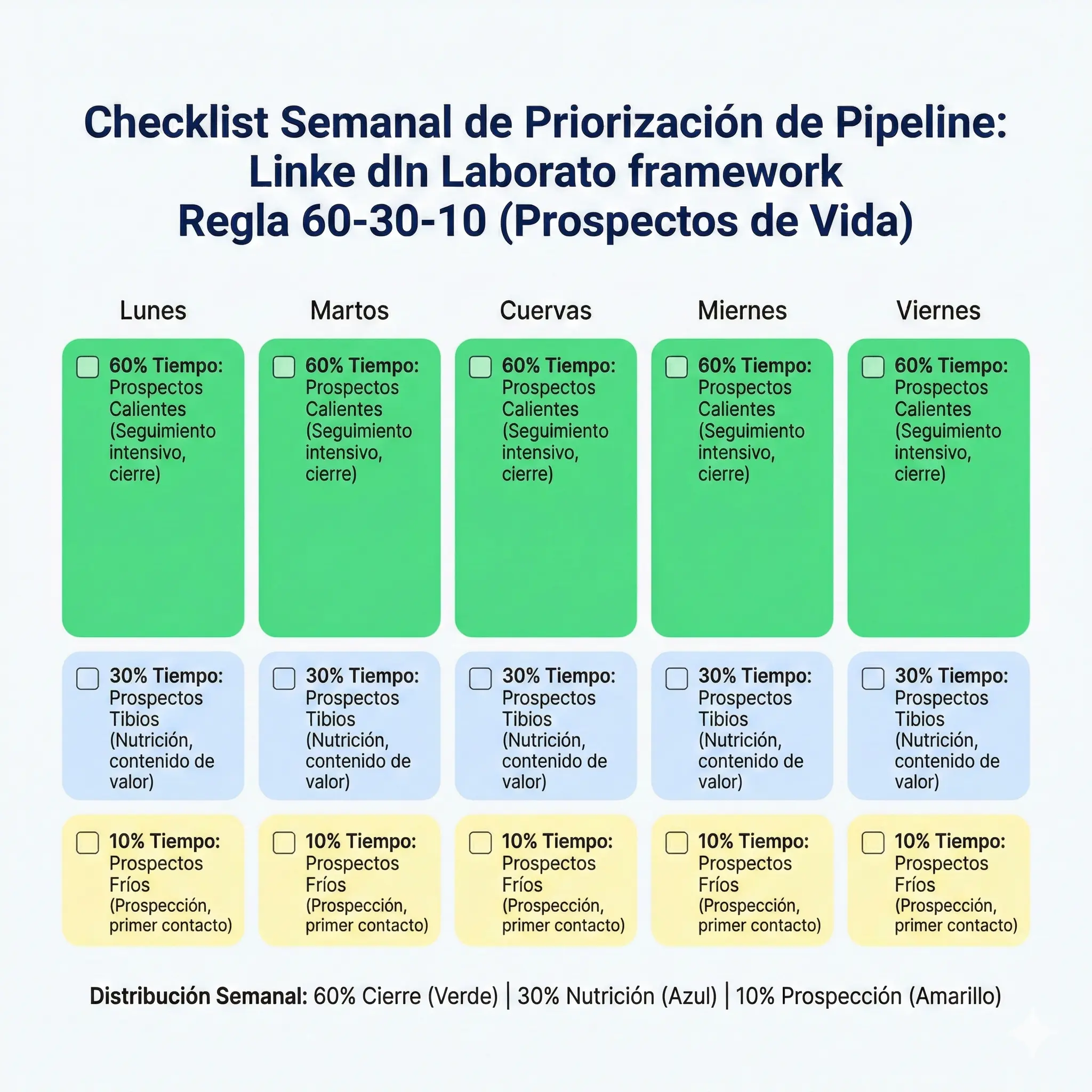 Checklist semanal de priorización de prospectos de vida aplicando la regla 60-30-10 de distribución de tiempo