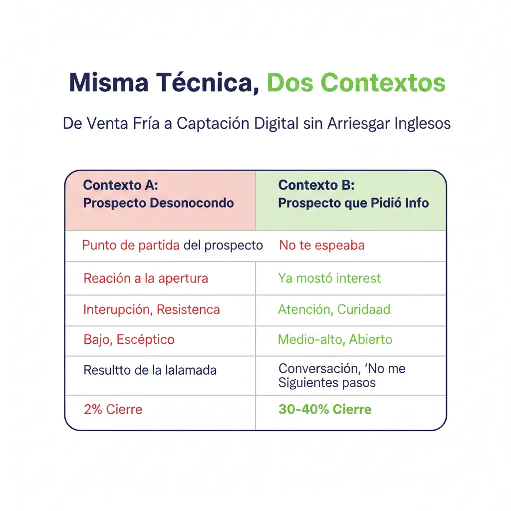 Tabla comparando efectividad de técnicas de venta en frío con prospecto desconocido (2% conversión) versus prospecto que pidió información (30-40% conversión)