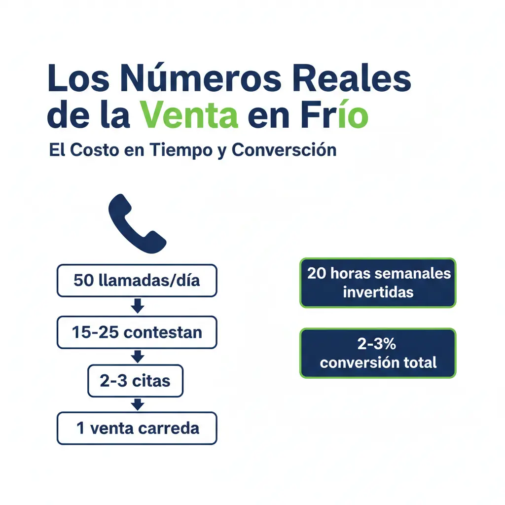 Infografía mostrando que 50 llamadas en frío generan solo 1 venta con 2-3% de conversión y 20 horas semanales invertidas