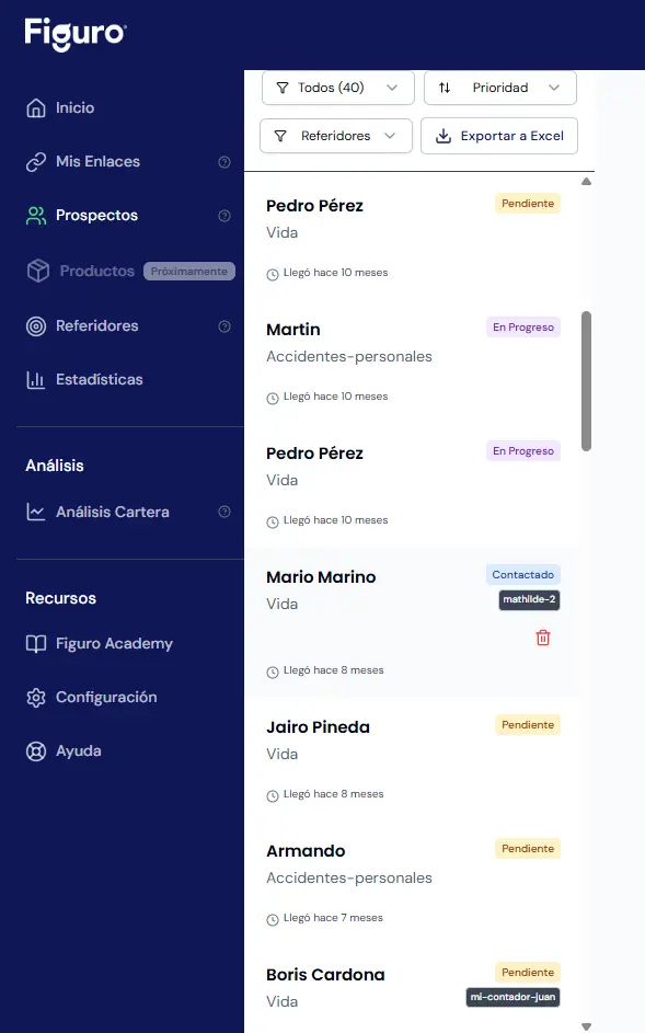 Ejemplo de lista organizada de prospectos de seguros mostrando nombres, productos solicitados, fechas y estados de cada oportunidad