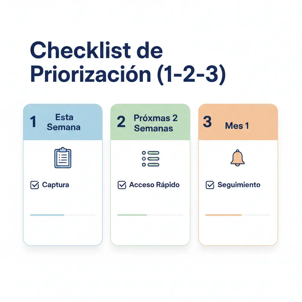 Checklist de implementación por fases mostrando priorización de captura estructurada, acceso rápido y seguimiento disciplinado para agentes de seguros