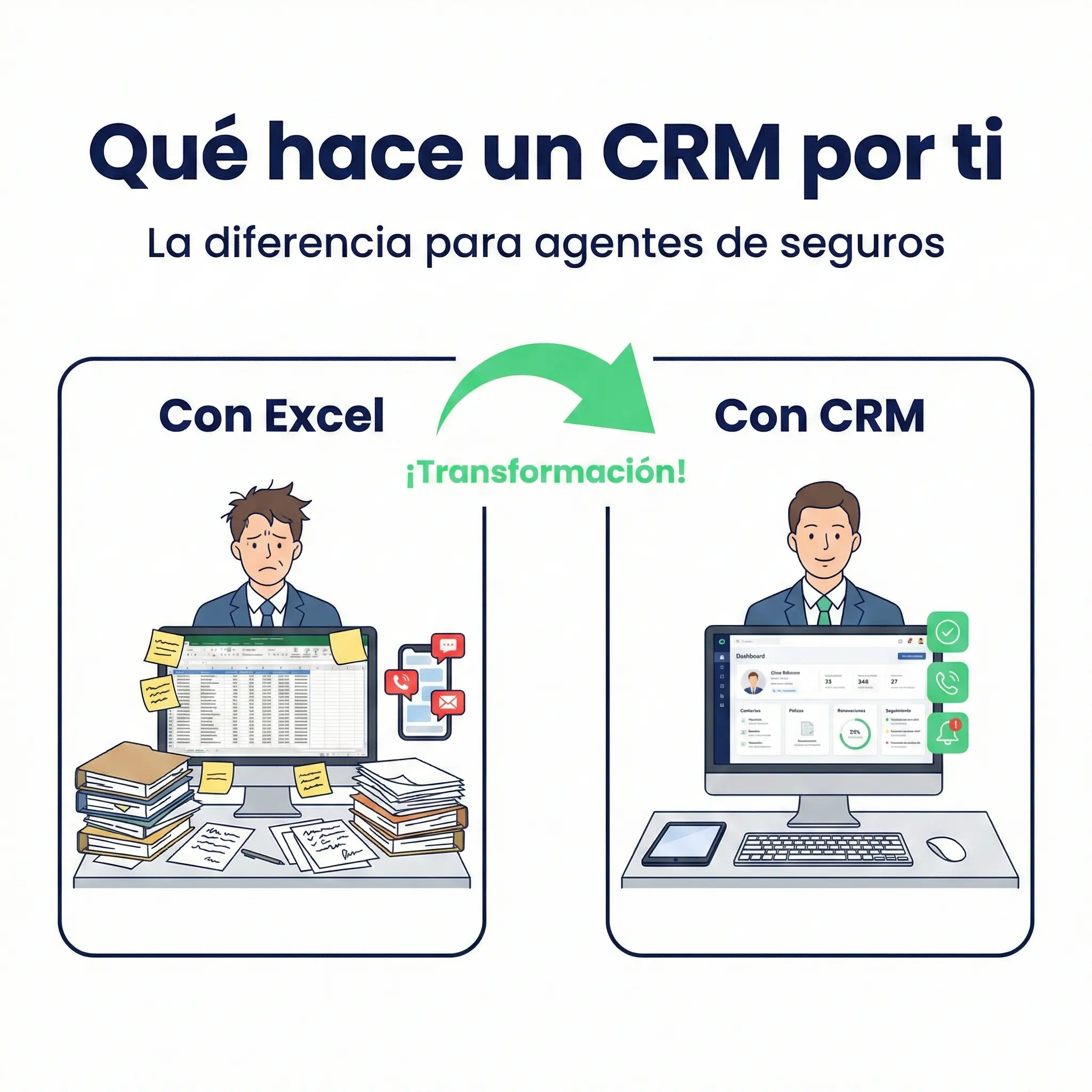 Comparación entre búsqueda manual en Excel y sistema CRM con alertas automáticas para agentes de seguros