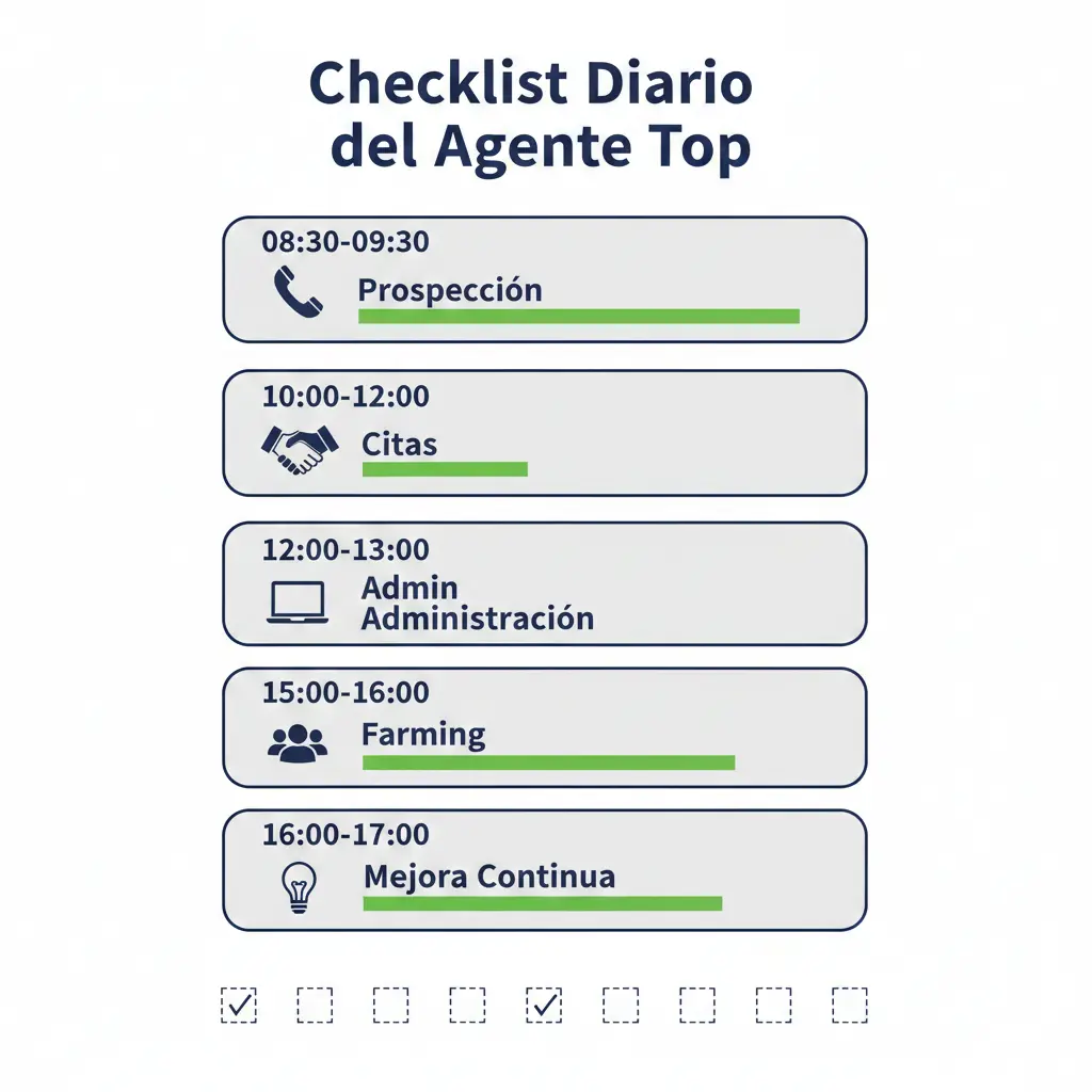 Checklist diario del agente de seguros top: bloques de tiempo optimizados para prospección, citas, administración y farming