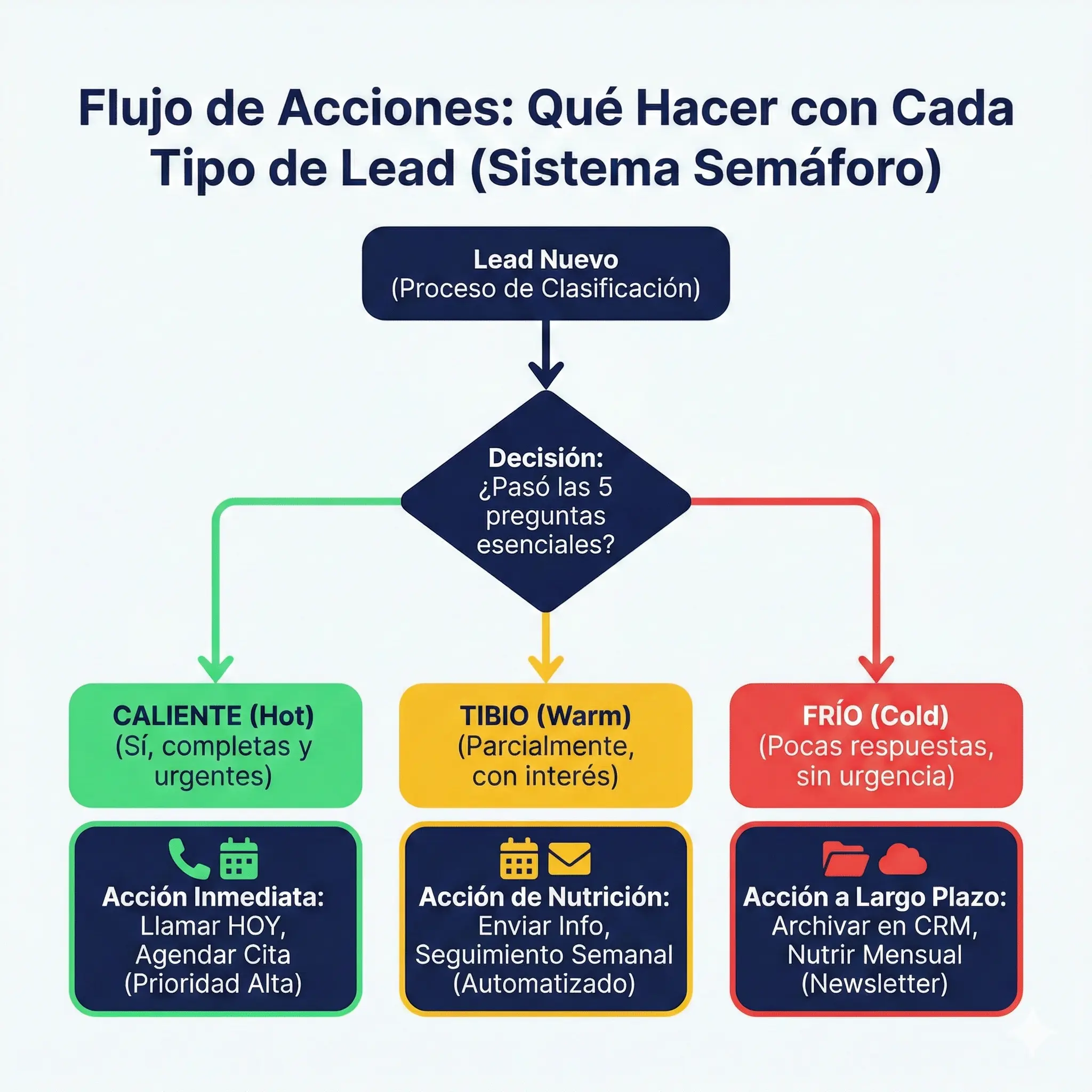 Diagrama de flujo mostrando las acciones recomendadas para cada categoría de lead según el sistema Semáforo