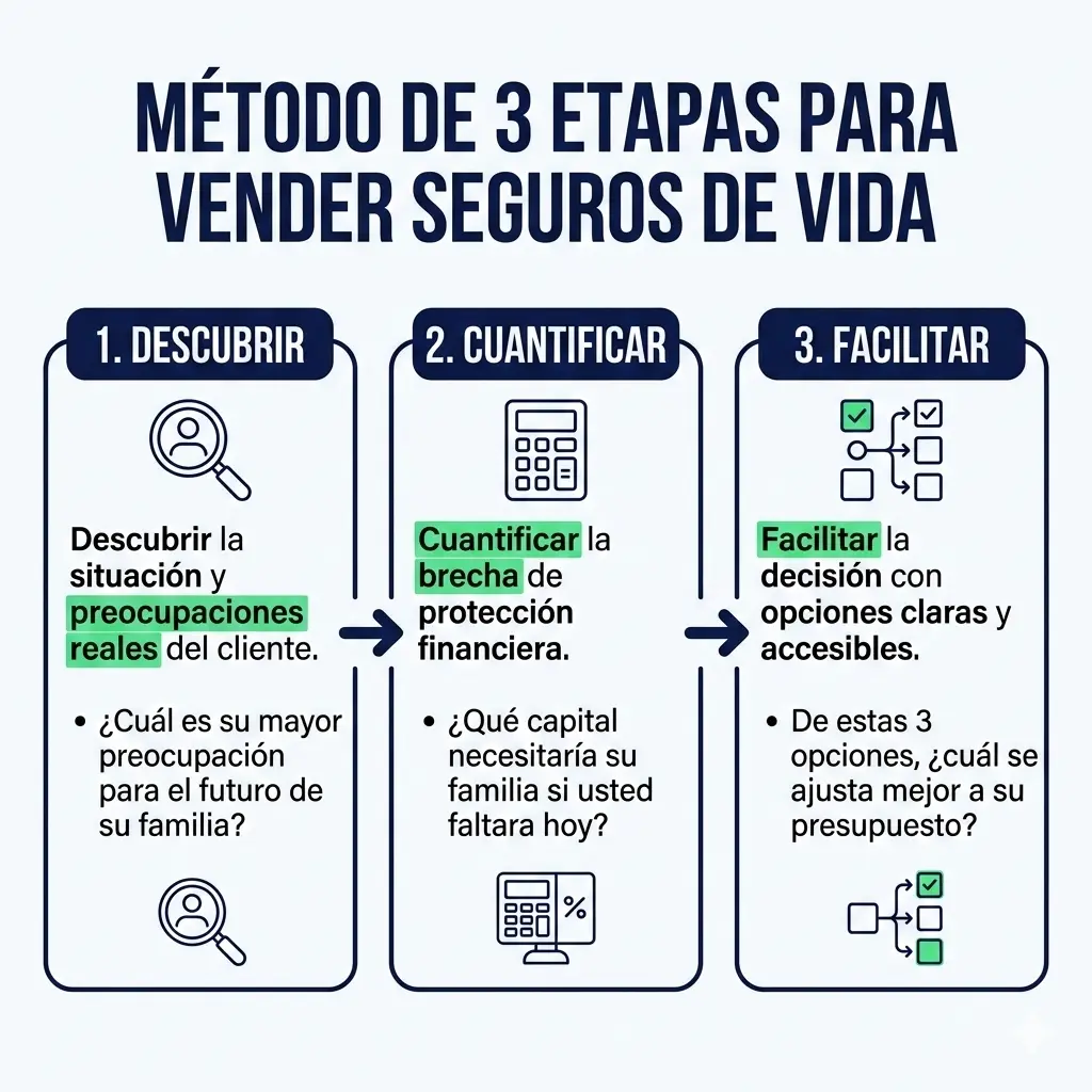 Método de 3 etapas para vender seguros de vida: descubrir la situación del cliente, cuantificar la brecha de protección y facilitar la decisión con opciones
