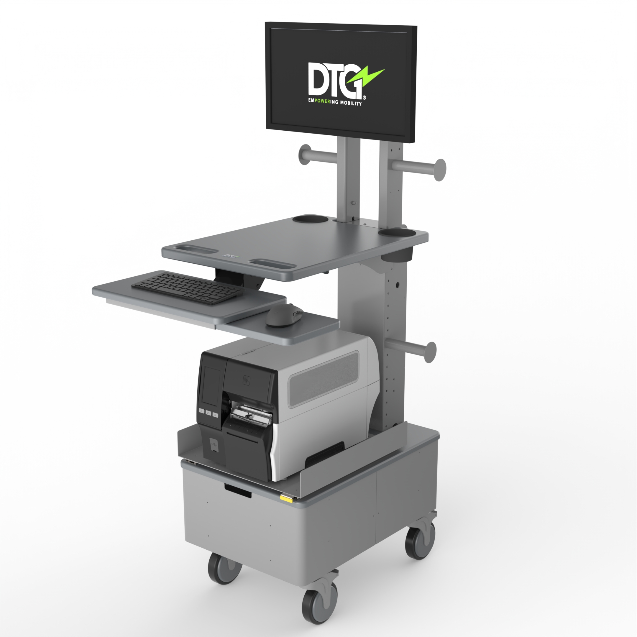 Mobile gray workstation cart with laptop, mouse, printer, storage tray, and battery pack on wheels.