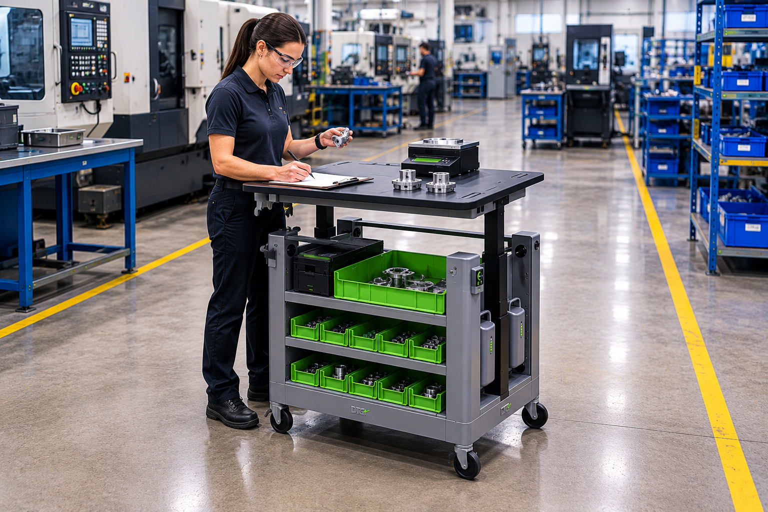 Woman in safety glasses inspecting metal parts and writing on clipboard in a modern factory.