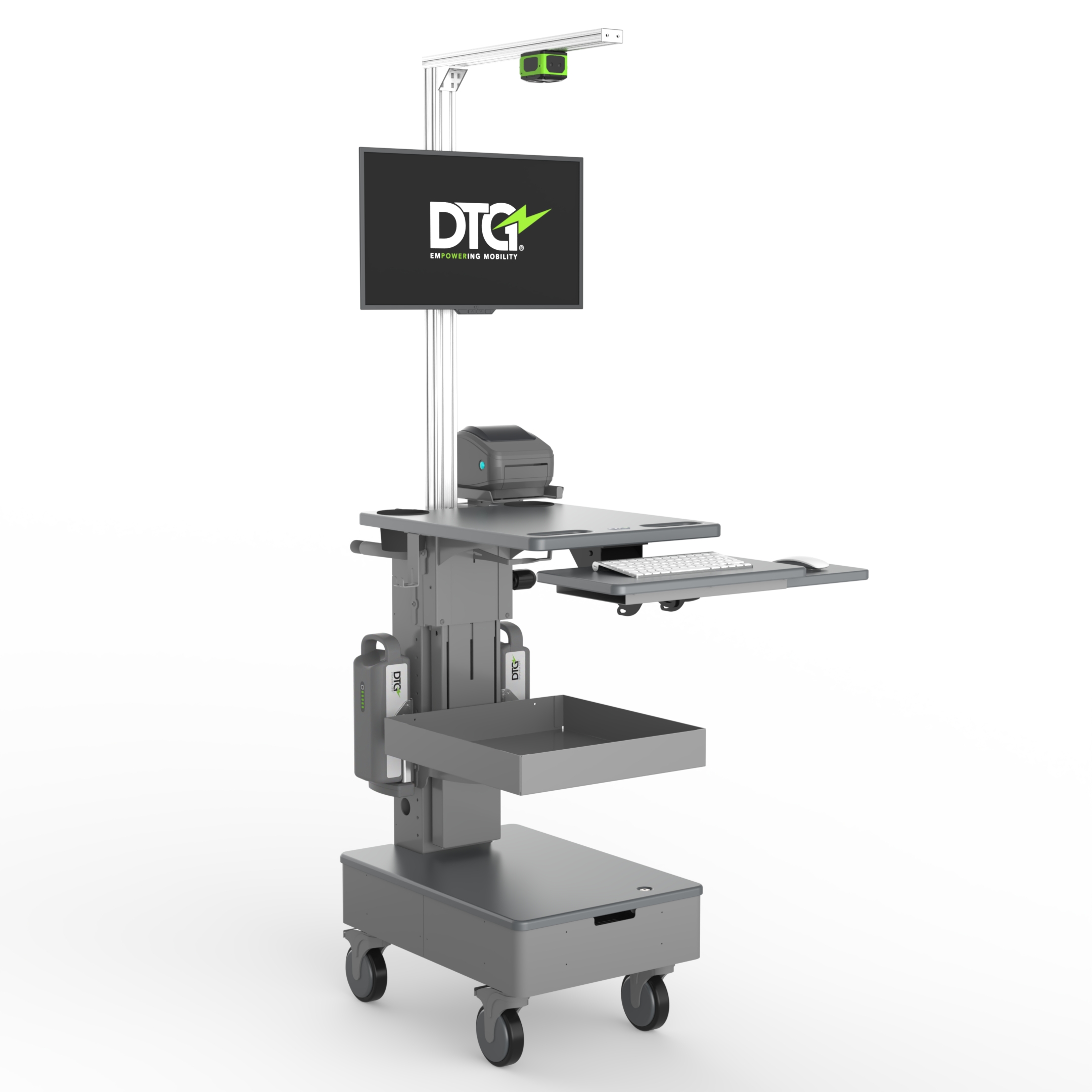Mobile workstation cart with monitor, keyboard, printer, storage tray, and overhead camera mounted on a pole.