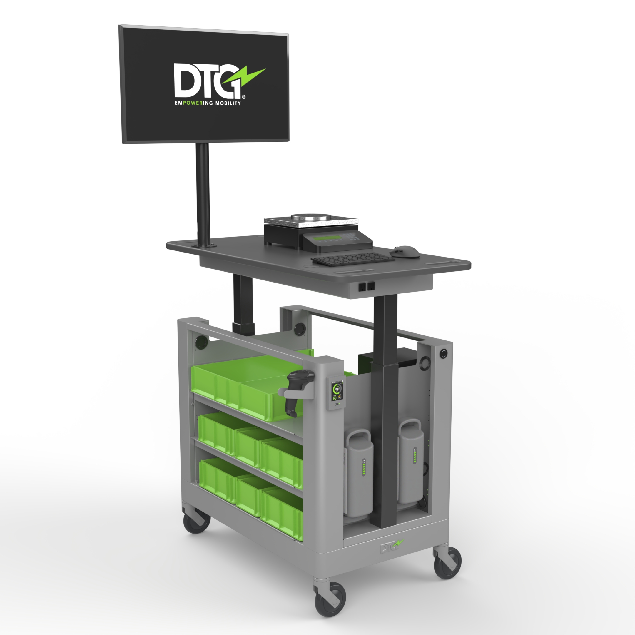 Mobile workstation cart with monitor, keyboard, mouse, green trays, and two battery packs.