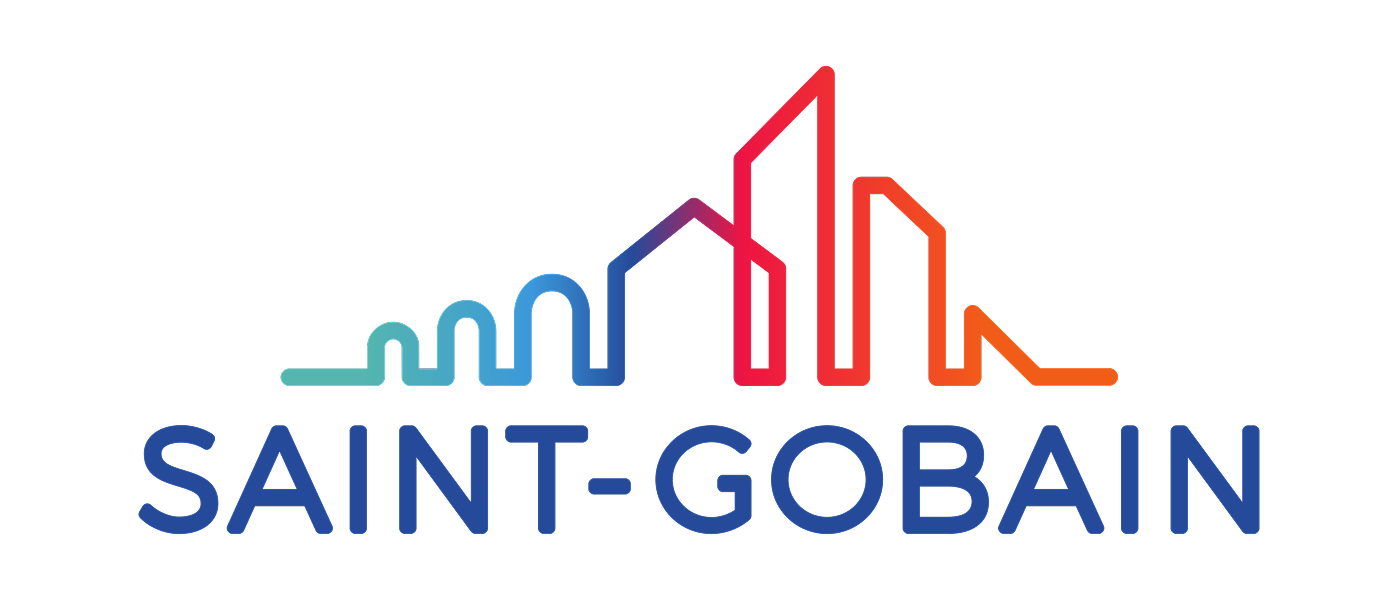 Saint-Gobain logo with stylized multicolor outline of city buildings above text.