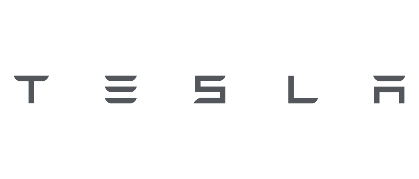 Tesla logo spelled with stylized letters in dark gray on a black background.