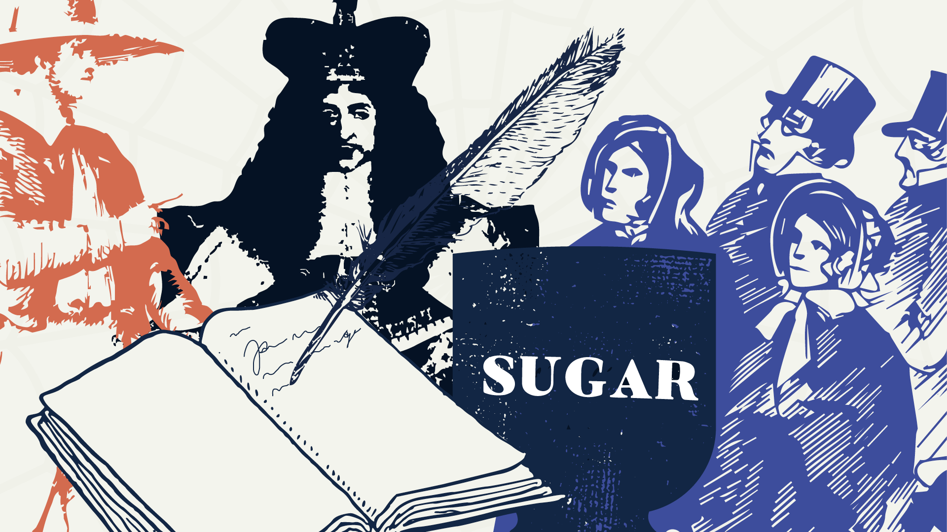 A collage of illustrations of a slave owner, royalty, ledger being signed, financiers, sugar and the everyday public