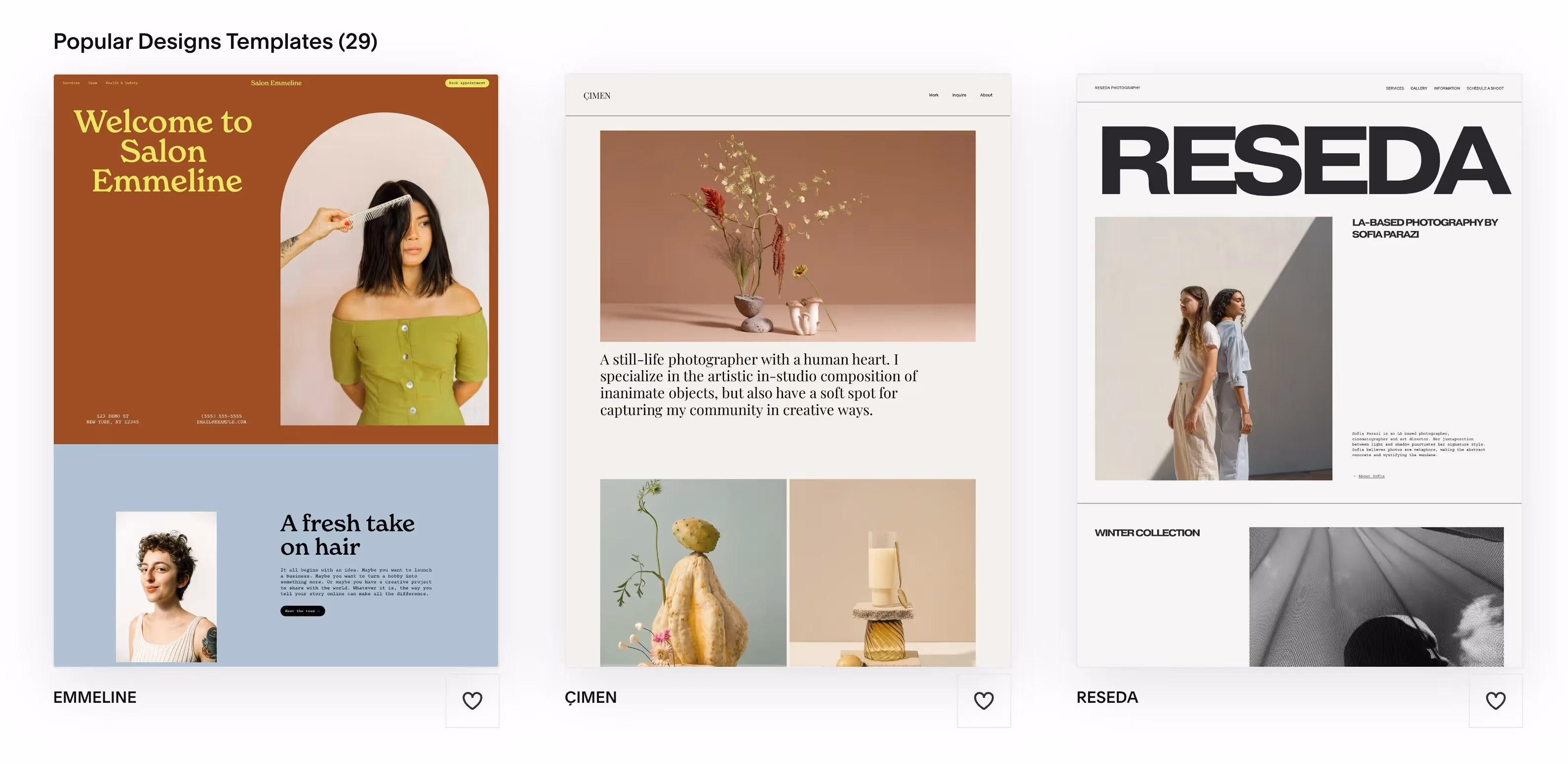 A screenshot from Squarespace of their templates