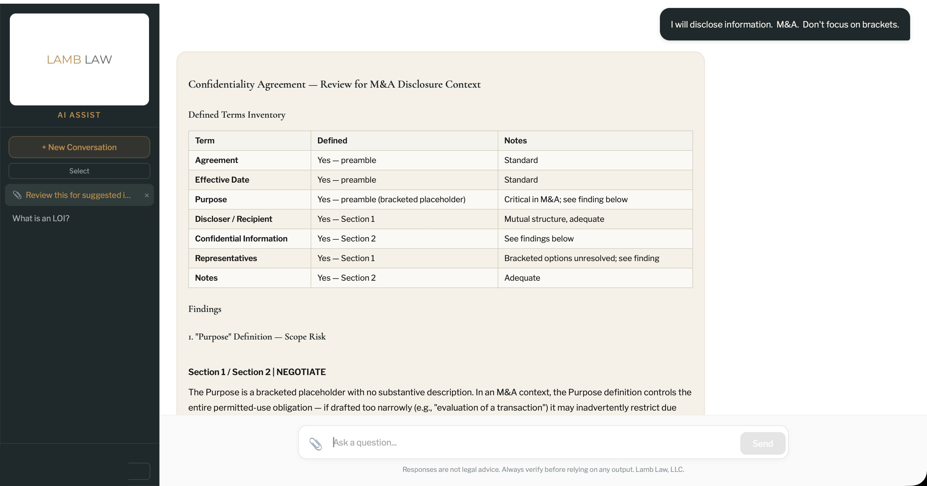 AI Assist platform - structured contract review with defined terms inventory and severity labels.