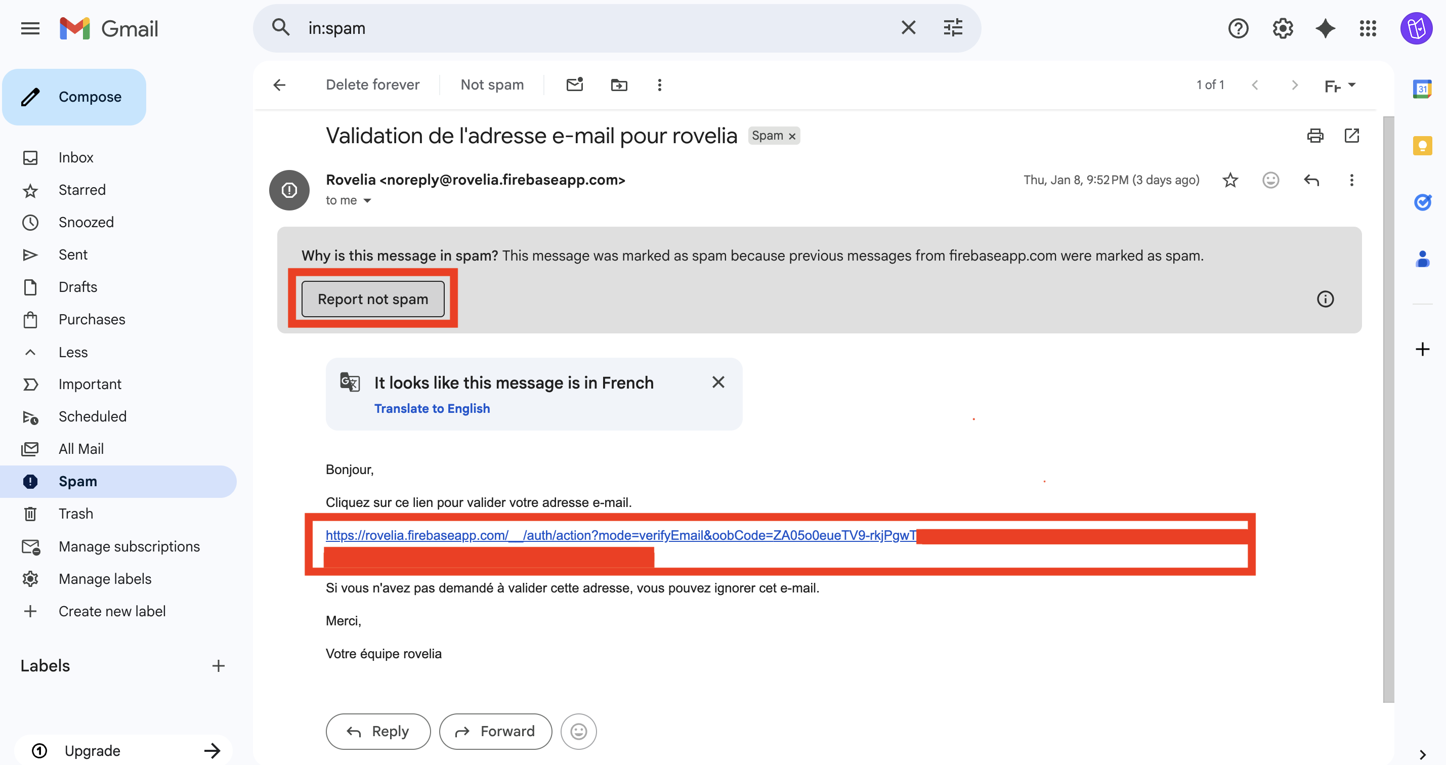 Rovelia a link to verify email address.