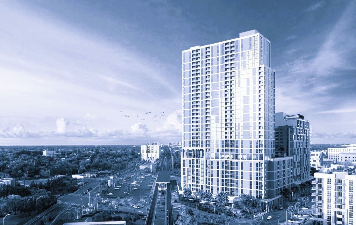A drone shot of the Coral Gables Building, Cascade at Link.