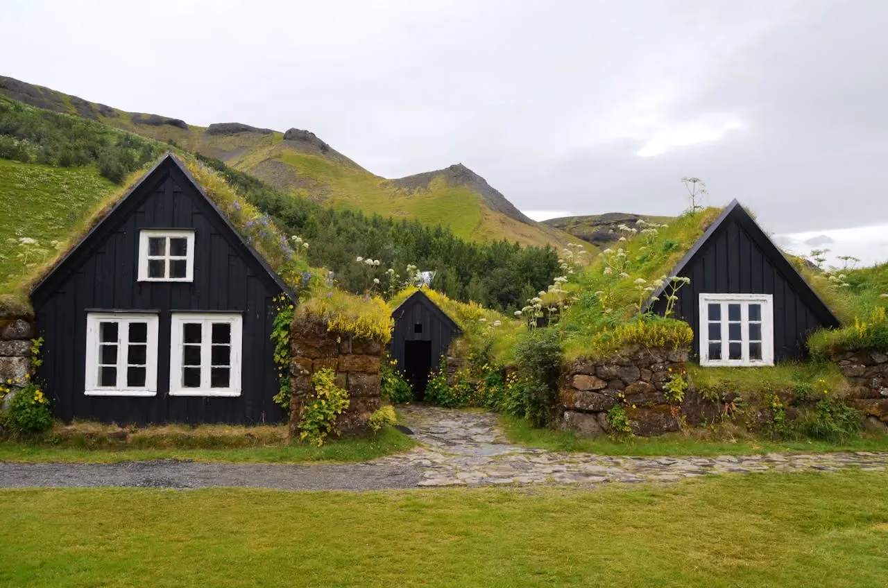 Green residential roof on small cottages