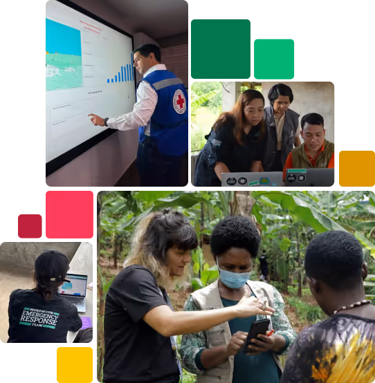 Collage of images showing humanitarian workers using technology: a man in a Red Cross vest pointing at a large screen with a map and graph, a group of three people working on laptops, a woman with 'Emergency Response Team' on her shirt using a laptop, and two women with a man outdoors, one woman explaining something on a smartphone to the others in a lush green environment.