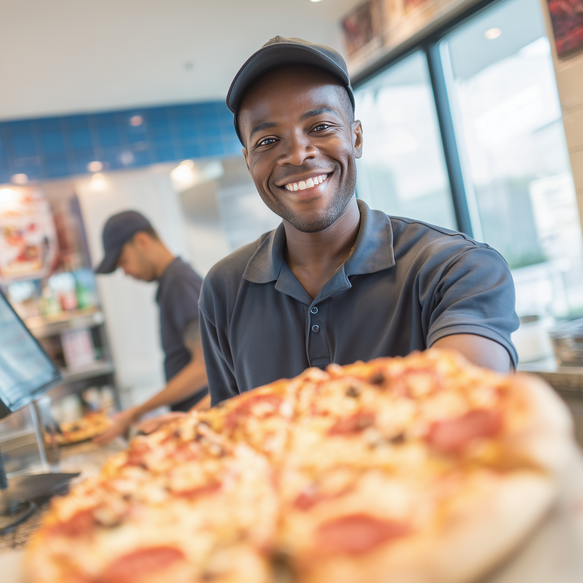 a c-store employee smiling holding a pizza representing great customer service leveraging insights from instore ai