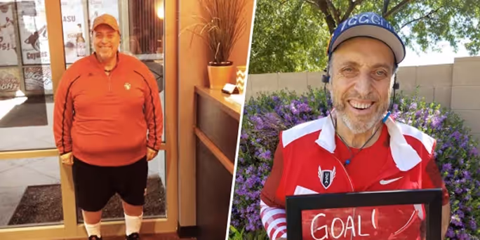 Man before and after weight loss, smiling outdoors holding a sign that says GOAL!