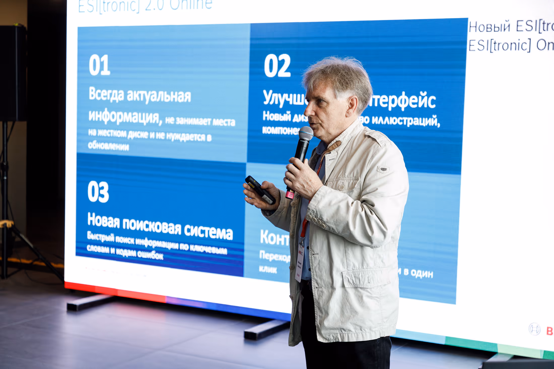 Мужчина с микрофоном и пультом для презентаций стоит на фоне экрана с информацией о функциях программы на русском языке.