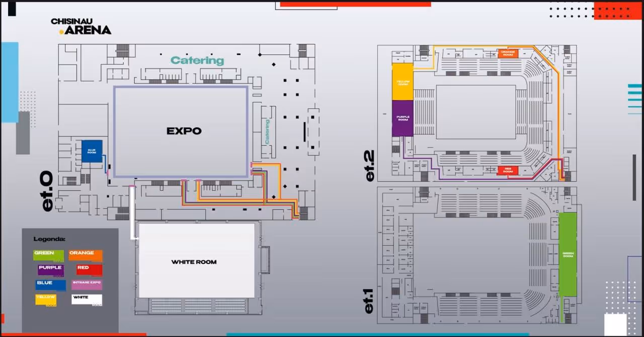 План арены Chisinau с размещением залов EXPO, White Room, зон кейтеринга и цветных комнат на этажах 0, 1 и 2.