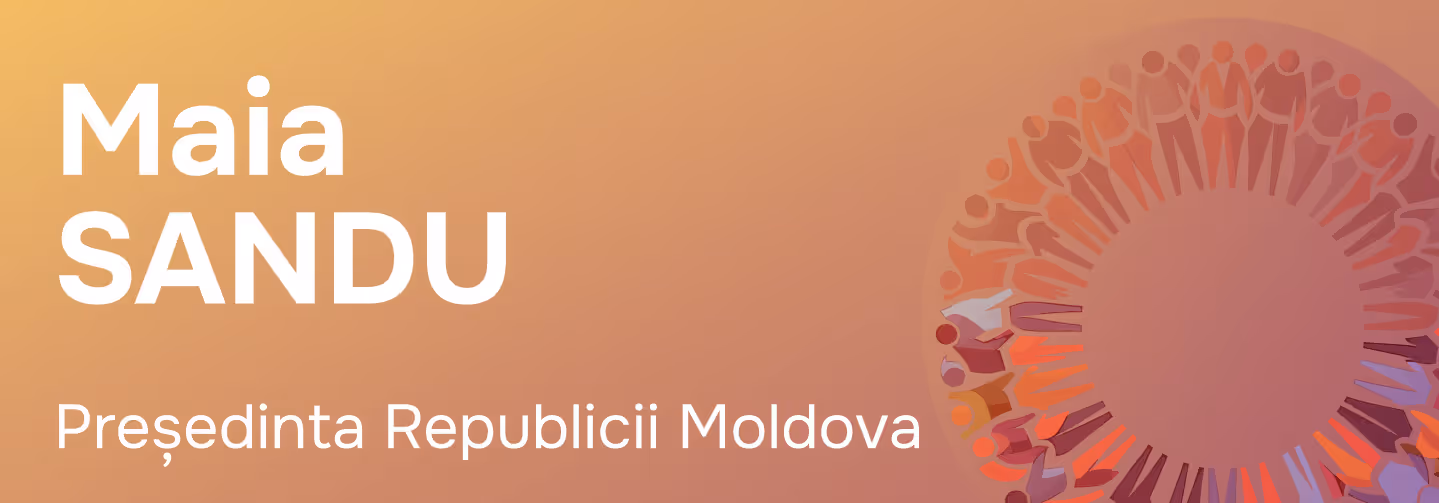 Оранжево-розовый фон с текстом «Maia SANDU, Президент Республики Молдова» и стилизованное изображение кружка из человеческих фигур.