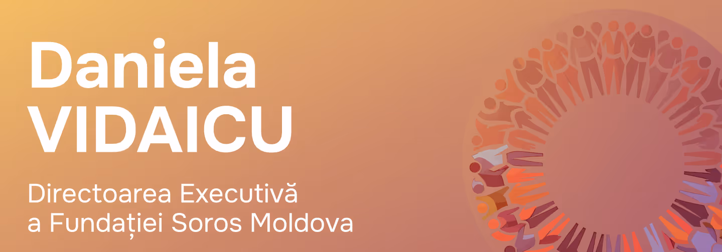 Текст с именем Daniela Vidaicu и подписью: исполнительный директор Фонда Сорос Молдова на фоне с абстрактным узором из людей, образующих круг.