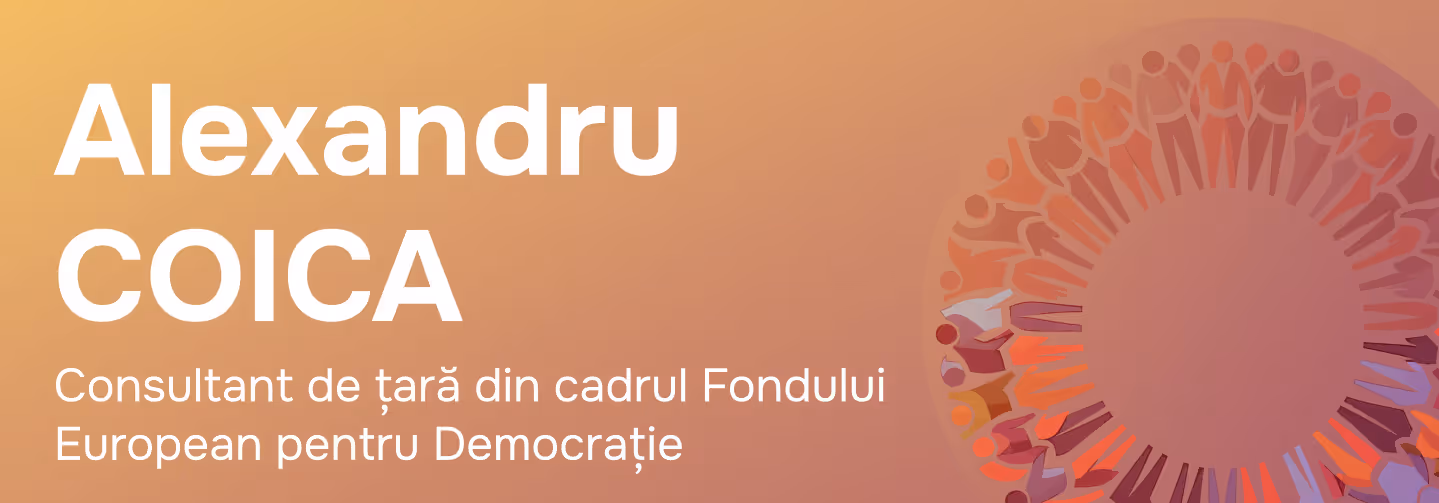 Текст с именем Александру Койка и должностью консультанта по странам в Европейском фонде за демократию на градиентном фоне с иллюстрацией людей, стоящих в круге.