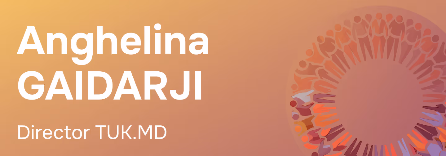 Портрет Ангелины Гайдаржи на фоне с круговой абстрактной иллюстрацией, текст: Ангелина ГАЙДАРЖИ, Директор TUK.MD.