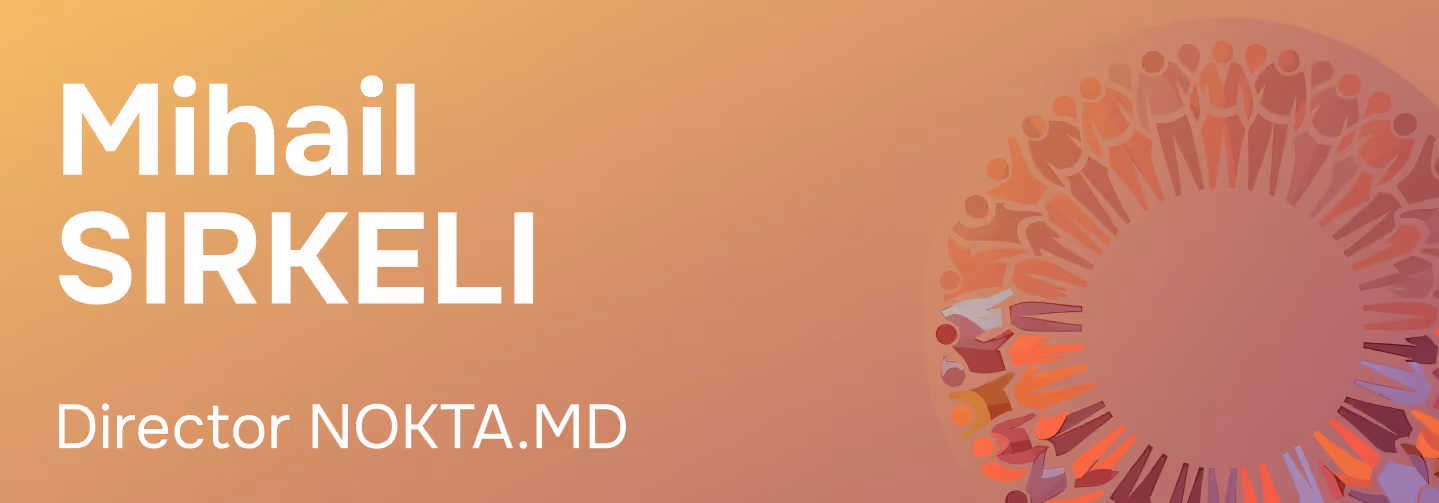Текст с именем Mihail SIRKELI и должностью Director NOKTA.MD на оранжево-коричневом фоне с абстрактным кругом из стилизованных фигур людей справа.