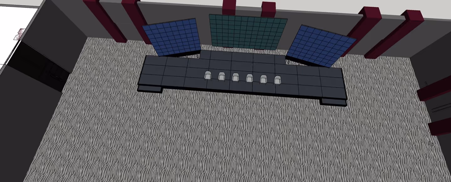 3D-модель просторного зала с ковровым полом, сцена с шестью креслами и тремя большими экранами на задней стене.