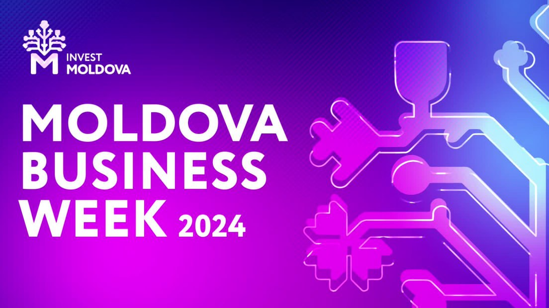 Логотип Invest Moldova и текст Moldova Business Week 2024 на ярком фиолетово-синем фоне с абстрактным узором справа.