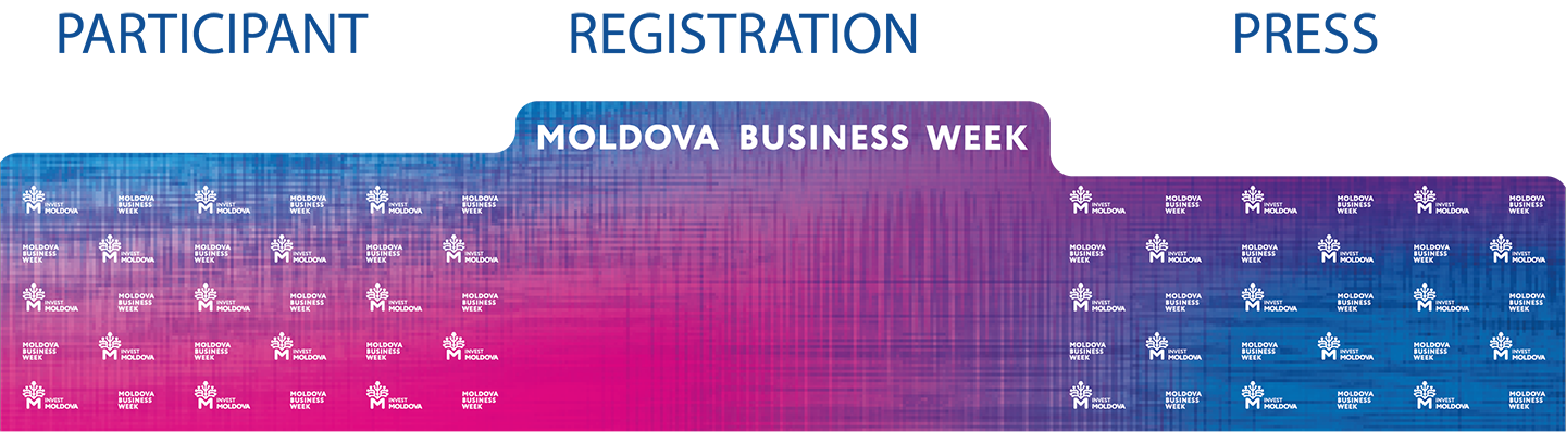 Фон с логотипами Moldova Business Week и Invest Moldova на градиентном розово-синем фоне.