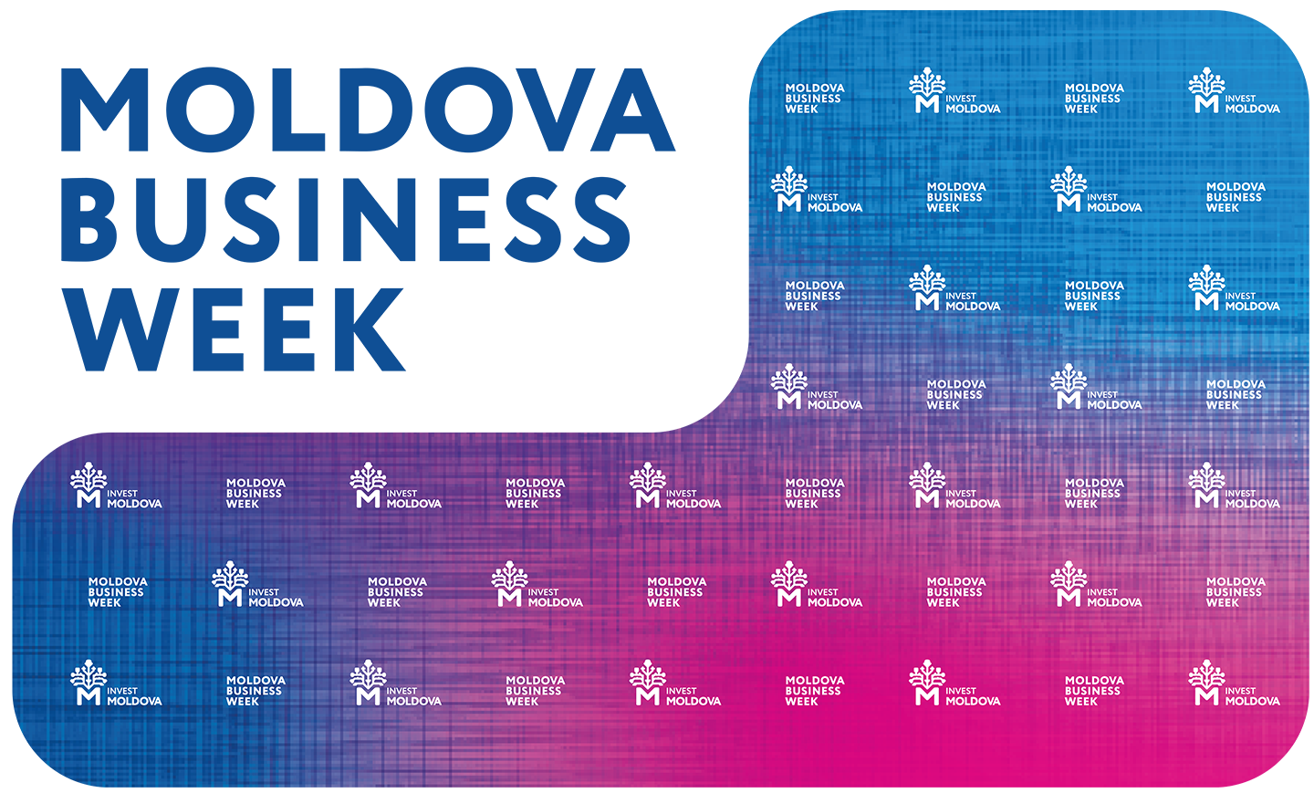 Логотипы Invest Moldova и Moldova Business Week на фоне с градиентом из синего в розовый.