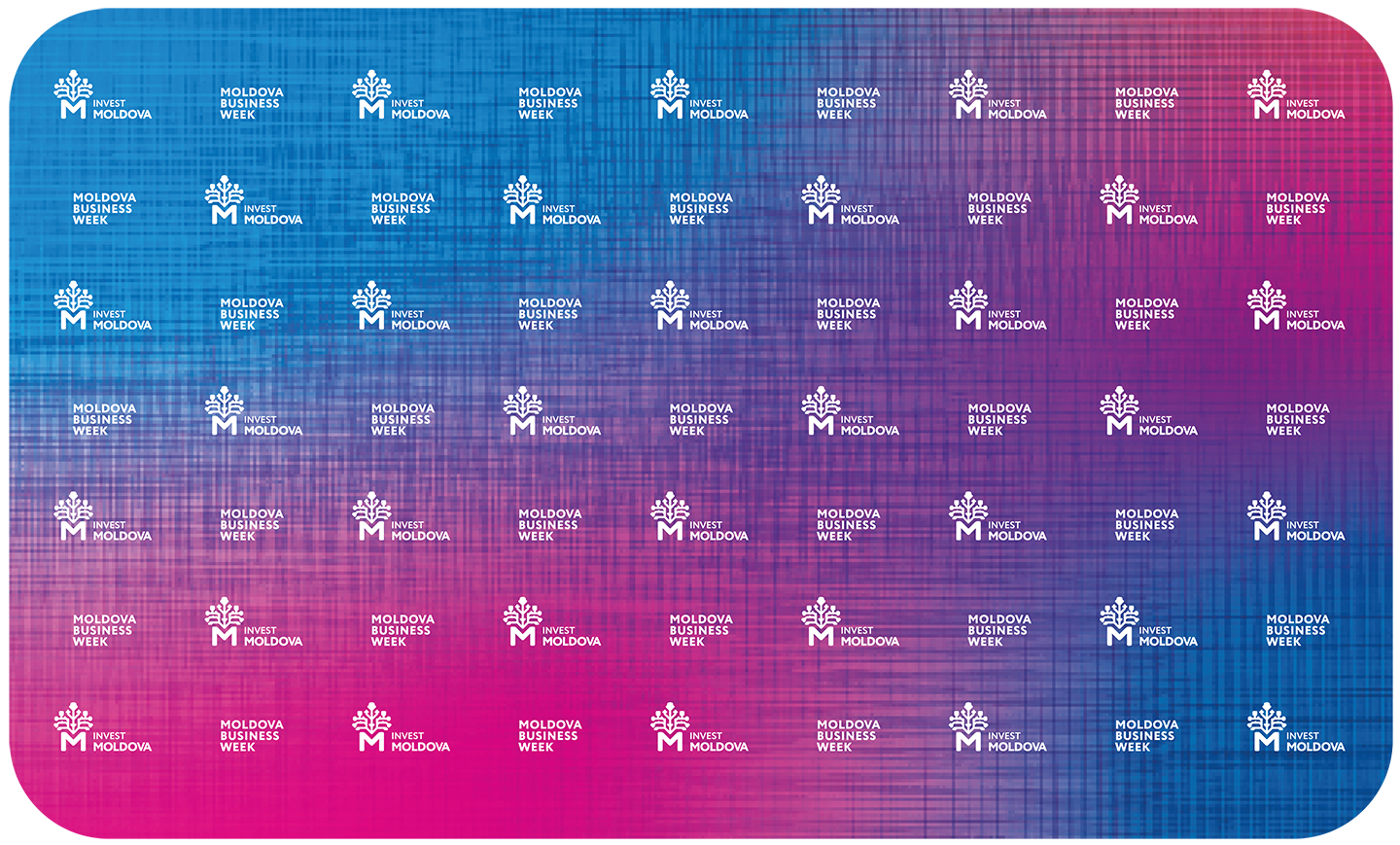 Фон с повторяющимися логотипами «Invest Moldova» и надписями «Moldova Business Week» на градиентном фоне от синего к розовому.